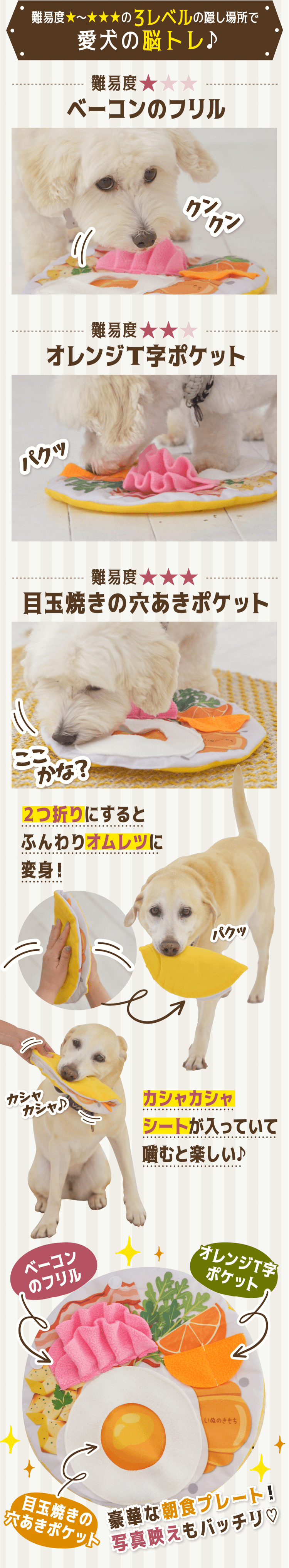 ベーコンのフリル オレンジT字ポケット 目玉焼きの穴あきポケット 豪華な朝食プレート! 写真映えもバッチリ♡