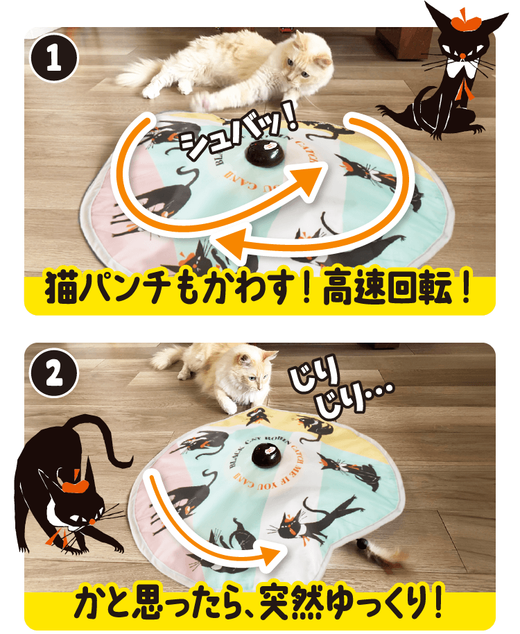 (1)猫パンチもかわす！高速回転！　(2)かと思ったら、突然ゆっくり！