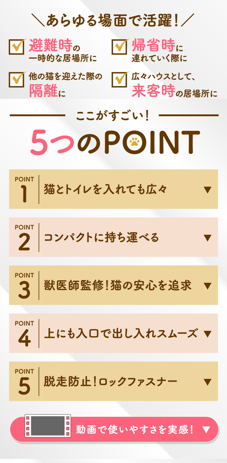 ＼あらゆる場面で活躍！／避難時の一時的な居場所に 帰省時に連れていく際に 他の猫を迎えた際の隔離に 広々ハウスとして、来客時の居場所に ここがすごい ５つのPOINT