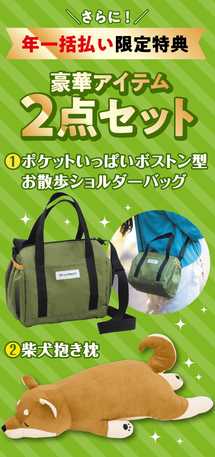 ＼さらに！／年一括払い限定豪華アイテム2点セット ❶ポケットいっぱいボストン型お散歩ショルダーバッグ ❷柴犬抱き枕